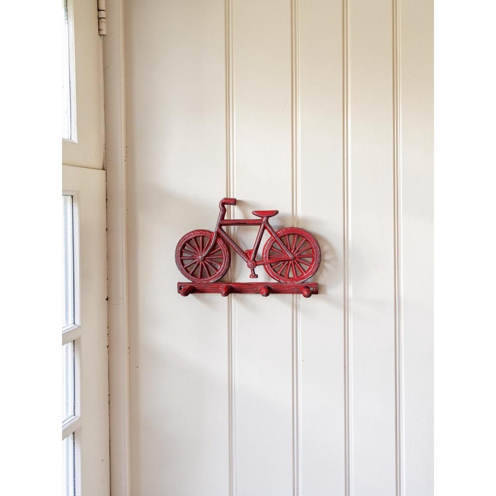 Vintage Red Bicycle Key Hook Rack – Cast Iron Entryway Holder – Bike Lover Gift
